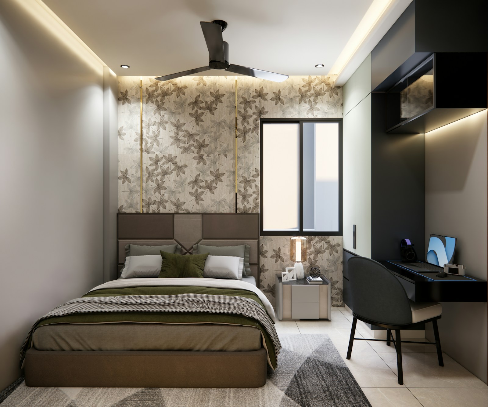 Bedroom interior design with bed, desk and layered lighting
