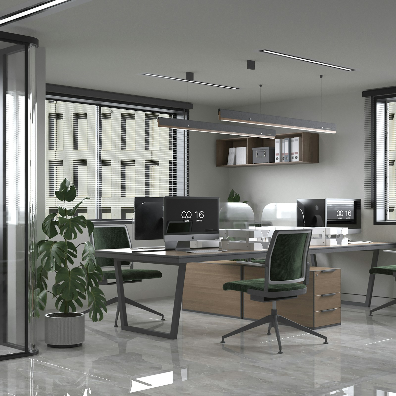 Modern commercial office interior with desks, plants and clean lighting