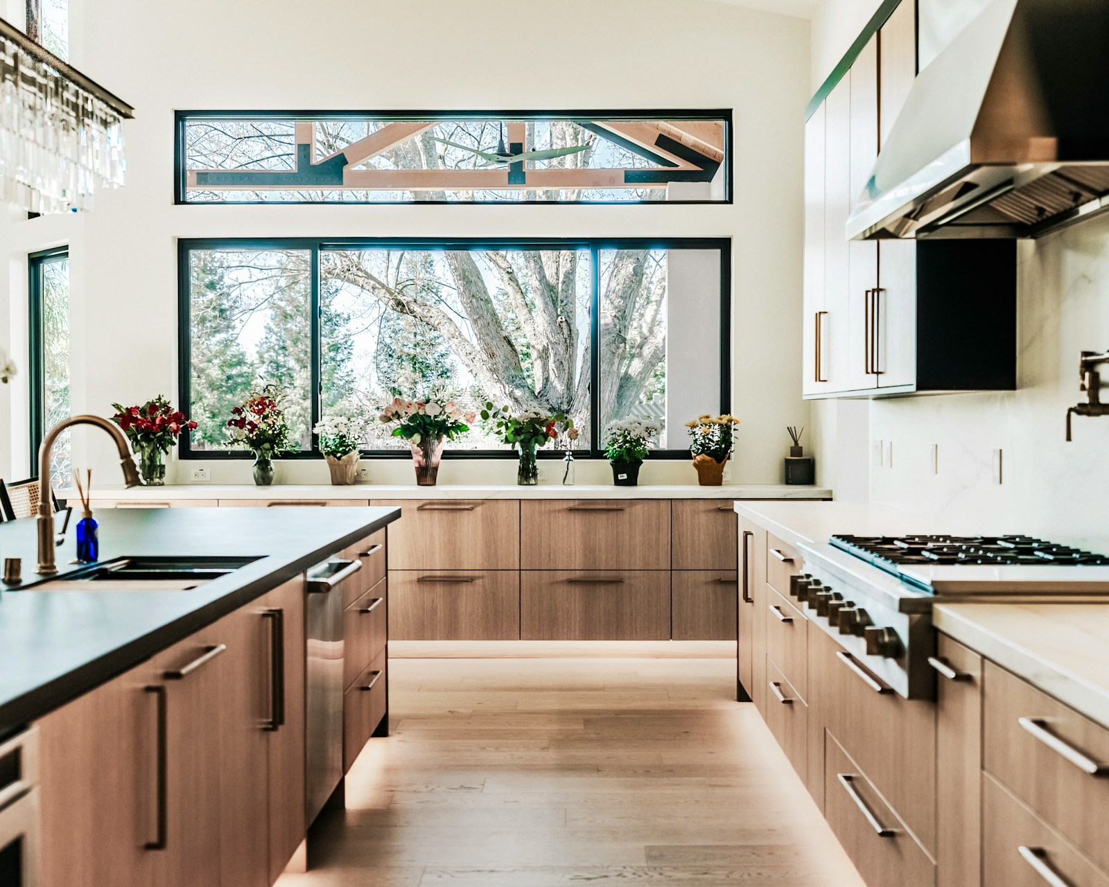 Modern kitchen with warm wood cabinetry, black framed windows and natural light