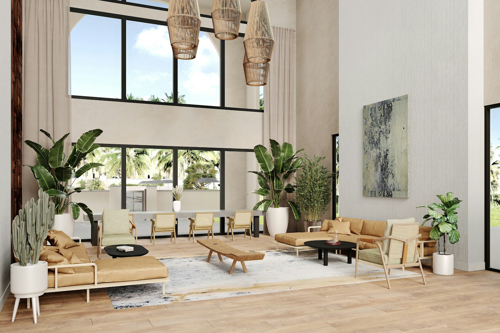 Modern tropical living room interior with natural textures and indoor plants